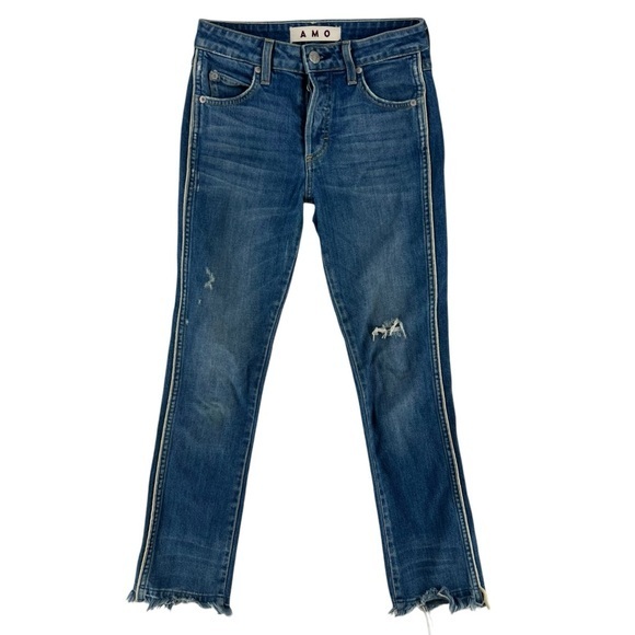 AMO Babe Piping Jeans in Old School Ripped Distressed Denim Button Fly Crop - Picture 1 of 14